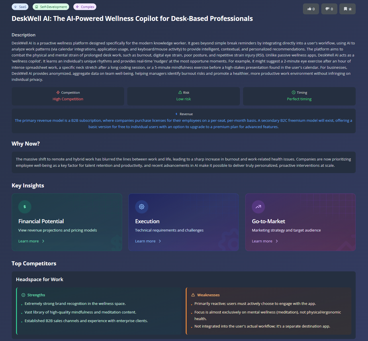 Detailed Idea Analysis - AI-powered detailed idea analysis interface showing startup ideas analysis and business validation tools for entrepreneurs