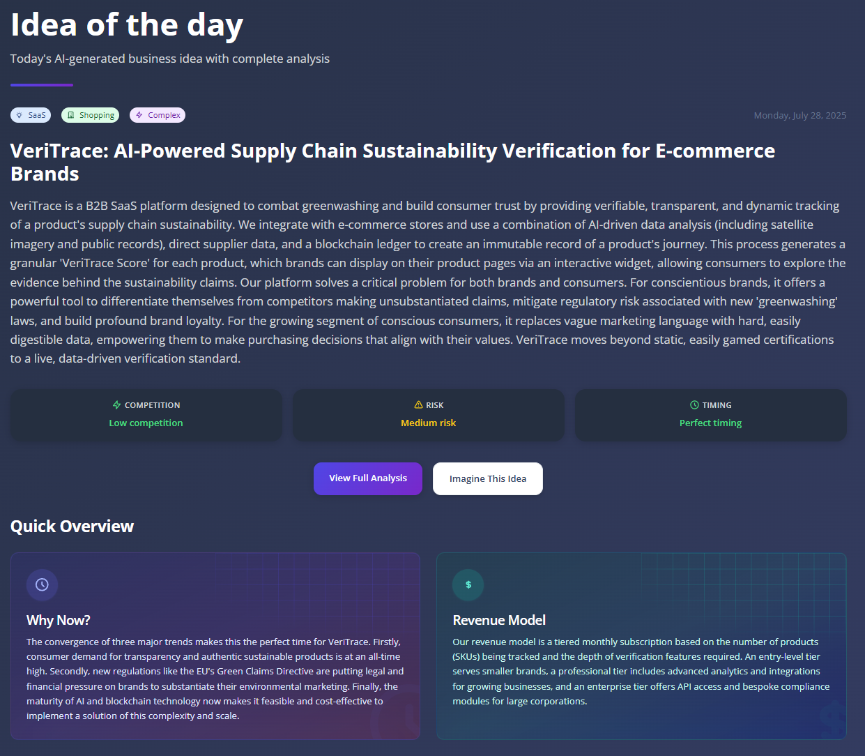 Idea of the Day - AI-powered idea of the day interface showing startup ideas analysis and business validation tools for entrepreneurs