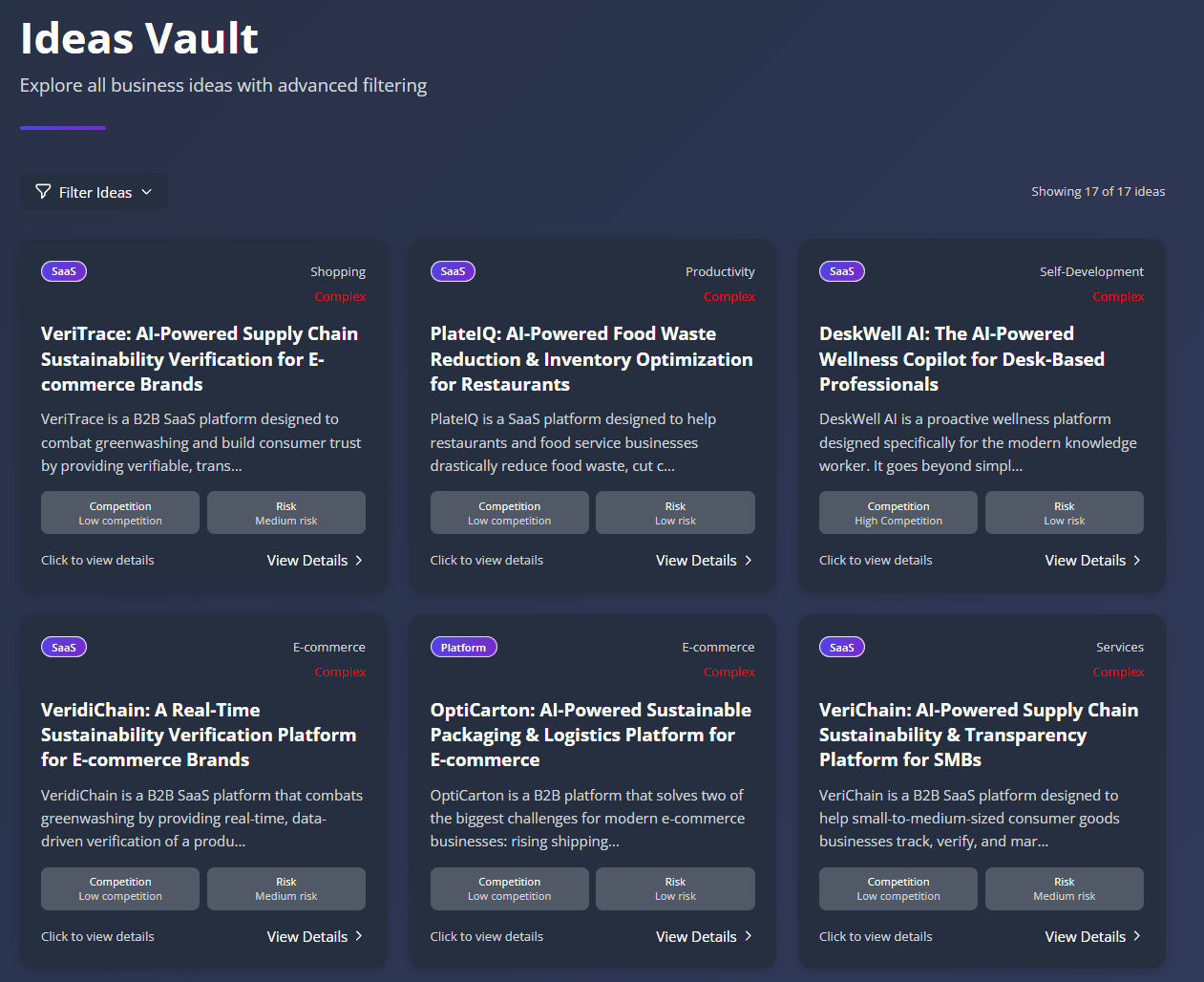 Ideas Vault - AI-powered ideas vault interface showing startup ideas analysis and business validation tools for entrepreneurs