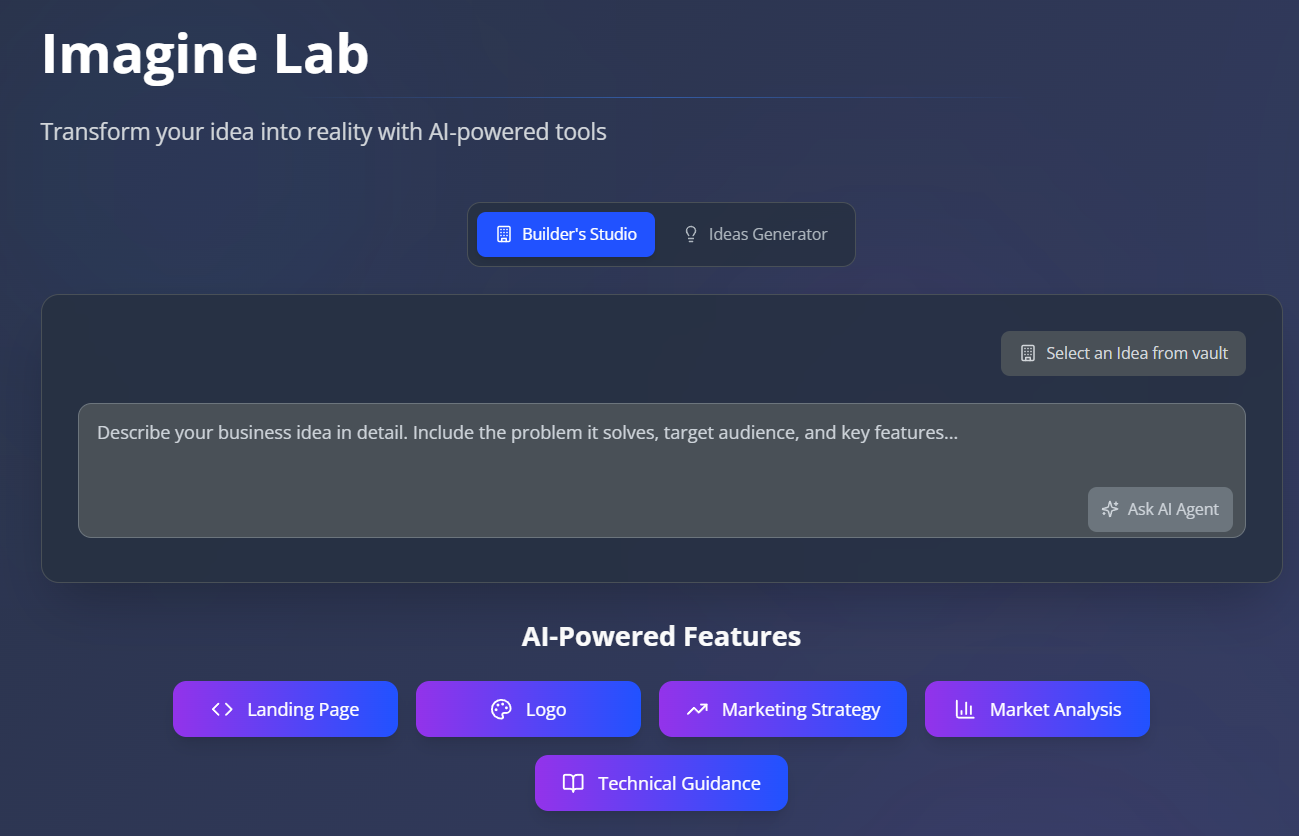 Imagine Lab - AI-powered imagine lab interface showing startup ideas analysis and business validation tools for entrepreneurs